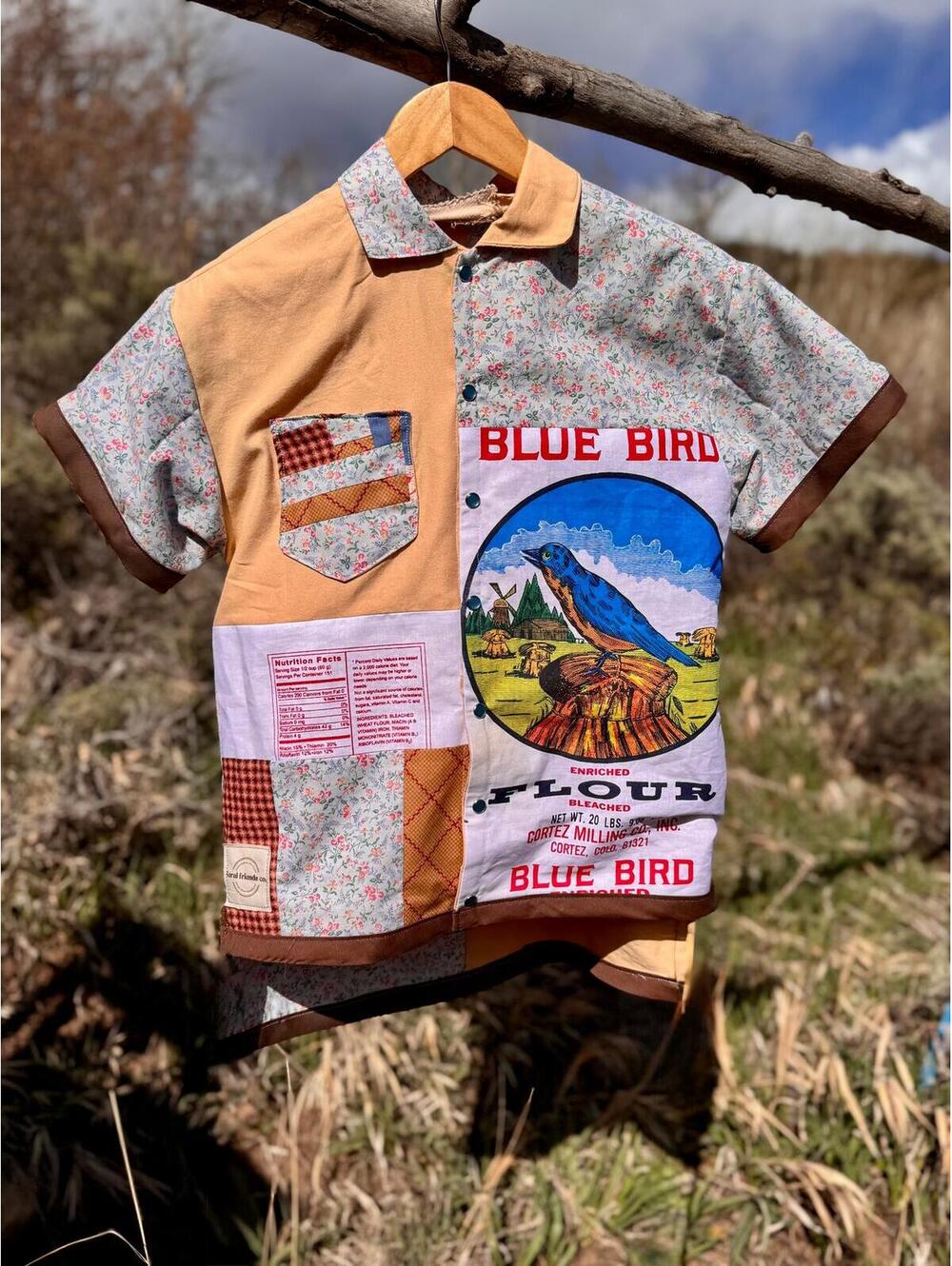 Handmade Bluebird Garden Flour Sack Pearl Snap Button Down — Handmade | Size S